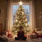 Child sits smiling under a decorated Angel Tree with wrapped gifts and golden glow and snowflakes falling outside window.