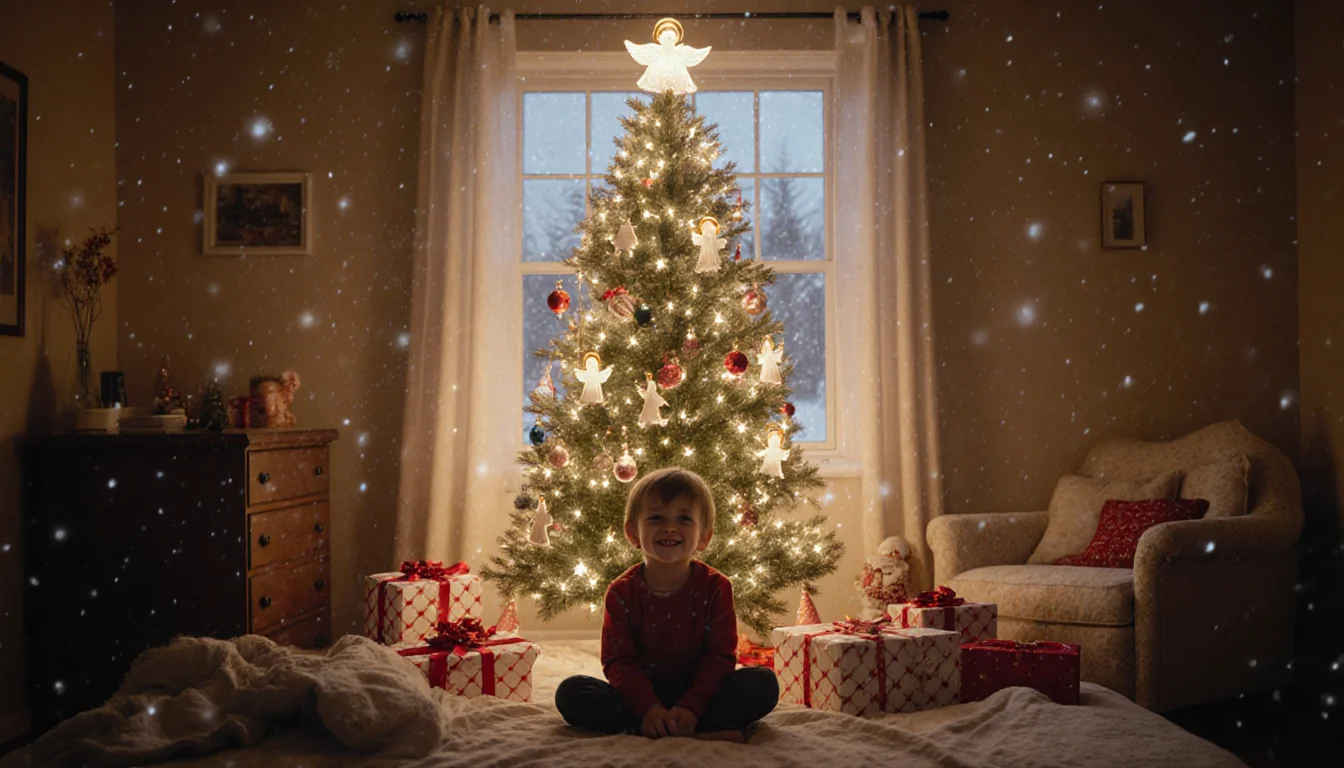 Child sits smiling under a decorated Angel Tree with wrapped gifts and golden glow and snowflakes falling outside window.