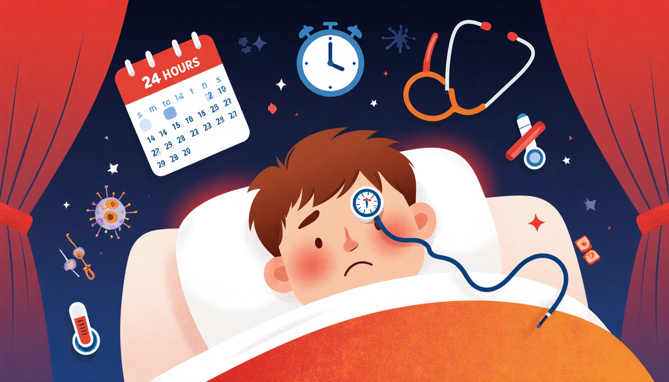 Child lying in bed with thermometer on forehead showing fever with a 24 hour clock above head and medical symbols on sheets.