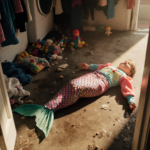 Abandoned mermaid costume lies on dirty laundry floor with stained clothes and forgotten toys around