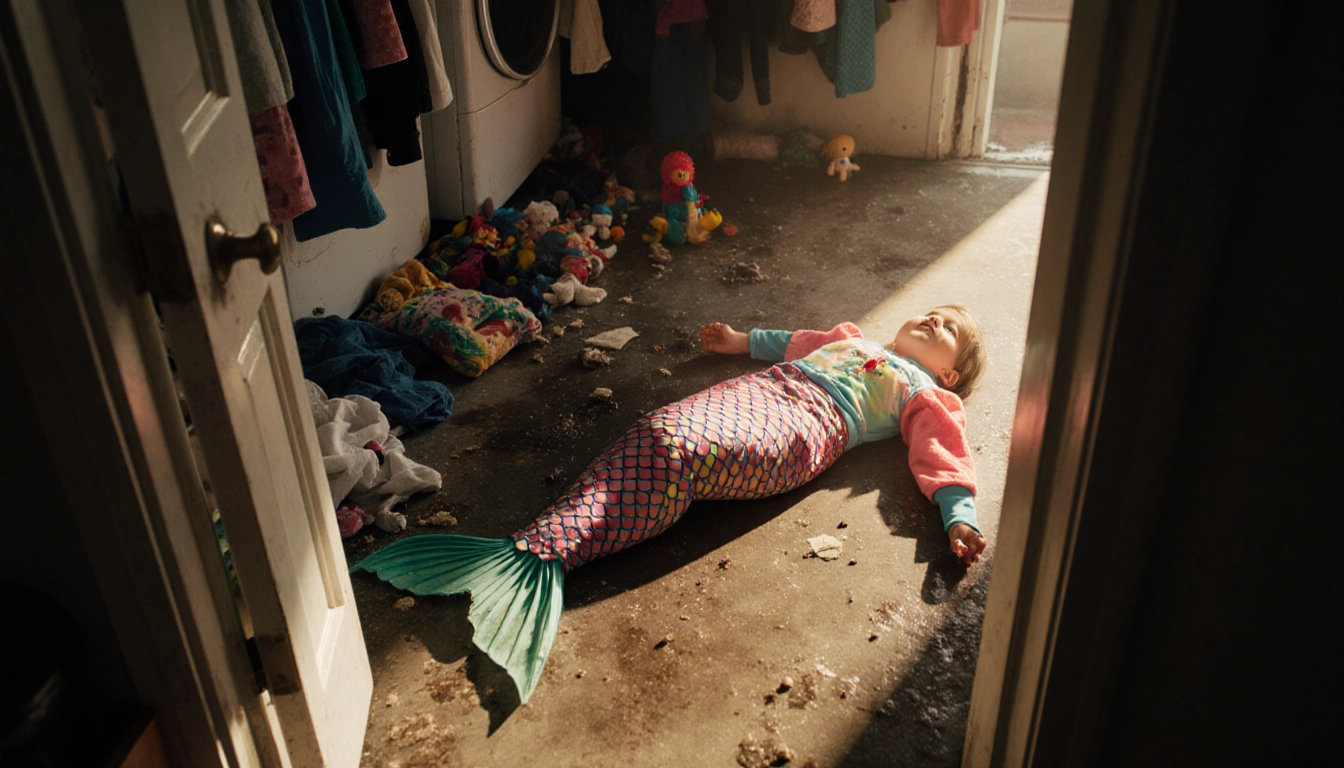 Abandoned mermaid costume lies on dirty laundry floor with stained clothes and forgotten toys around