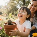 Young child holding a potted plant with seed ball and joyful expression while parent smiles behind