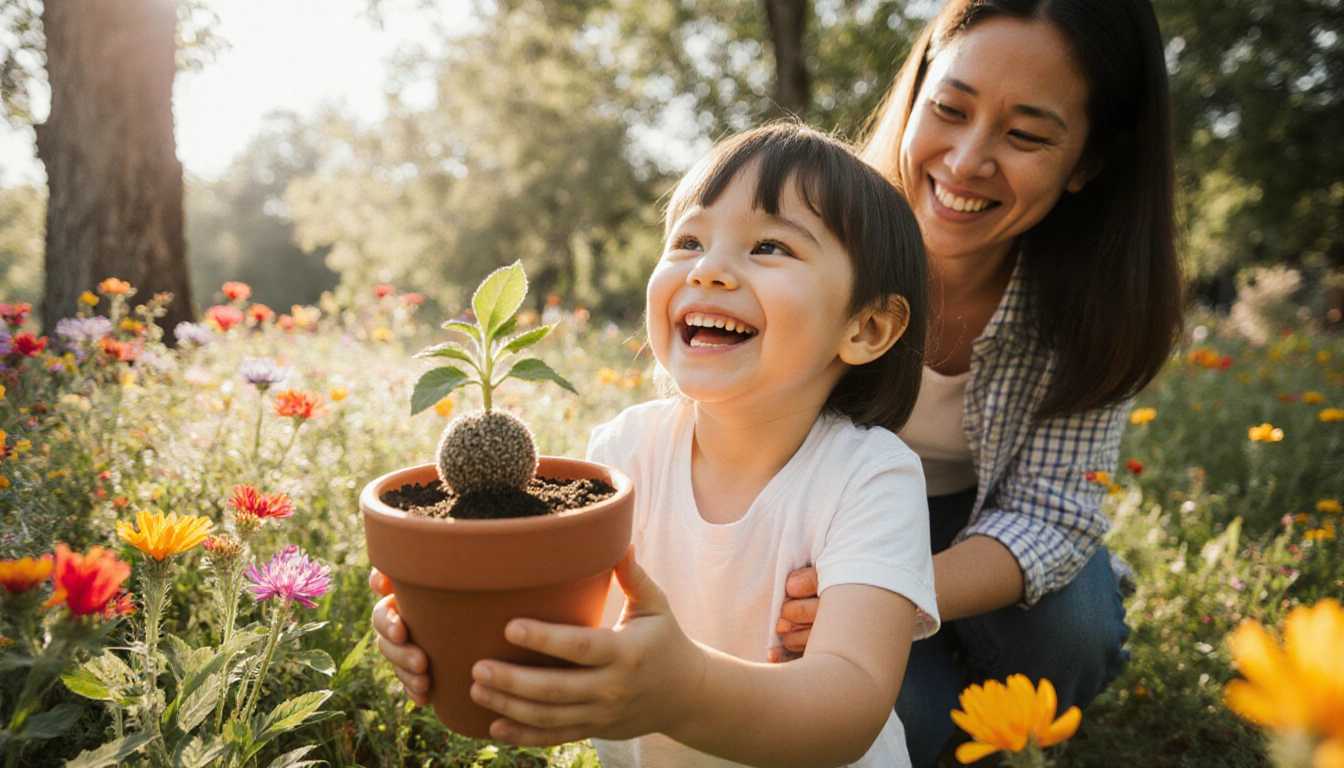 Young child holding a potted plant with seed ball and joyful expression while parent smiles behind
