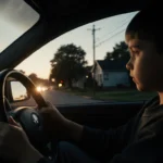 Child’s hands gripping steering wheel of dark stolen car with headlights cutting through dusk on suburban Ohio street