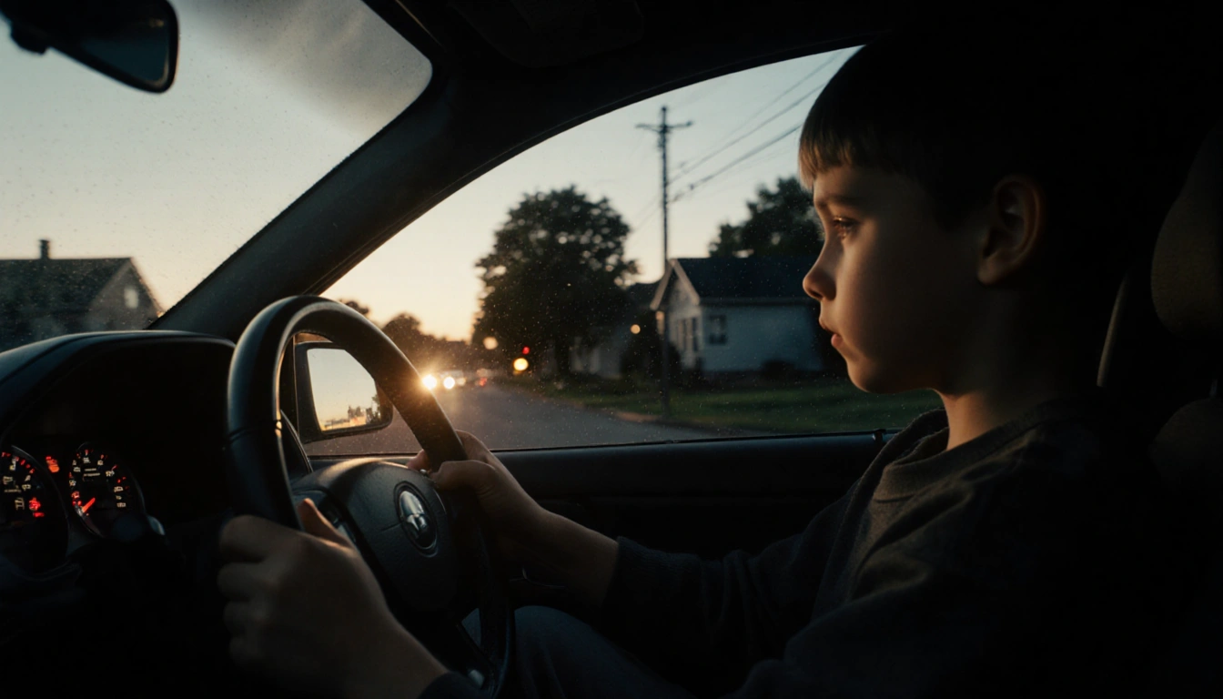 Child’s hands gripping steering wheel of dark stolen car with headlights cutting through dusk on suburban Ohio street