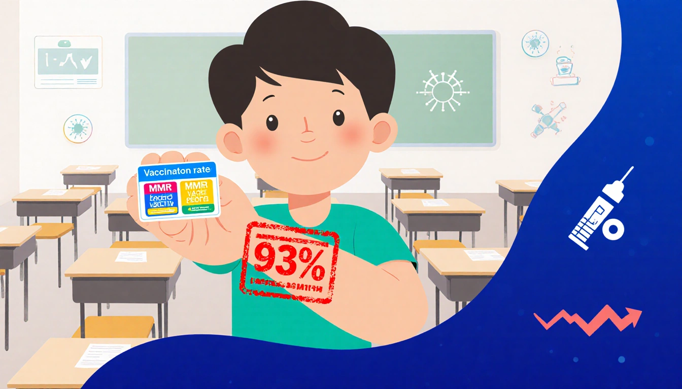 Child showing MMR doses on vaccination card with 93% stamp in classroom with fading color waves and simple coverage icons