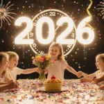 Children hugging around a table with balloons child holding gratitude flowers a clock shows 2026 fireworks sparkle above.