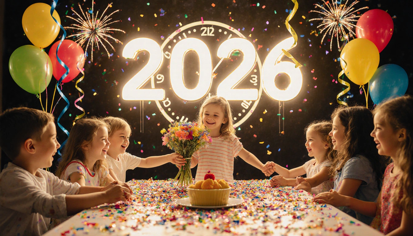 Children hugging around a table with balloons child holding gratitude flowers a clock shows 2026 fireworks sparkle above.