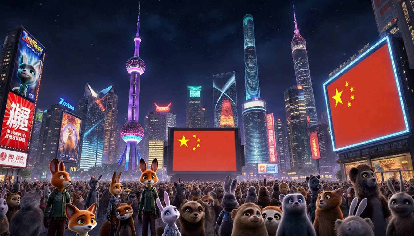 Animals gather around giant movie screens with Shanghai skyline and big neon lights