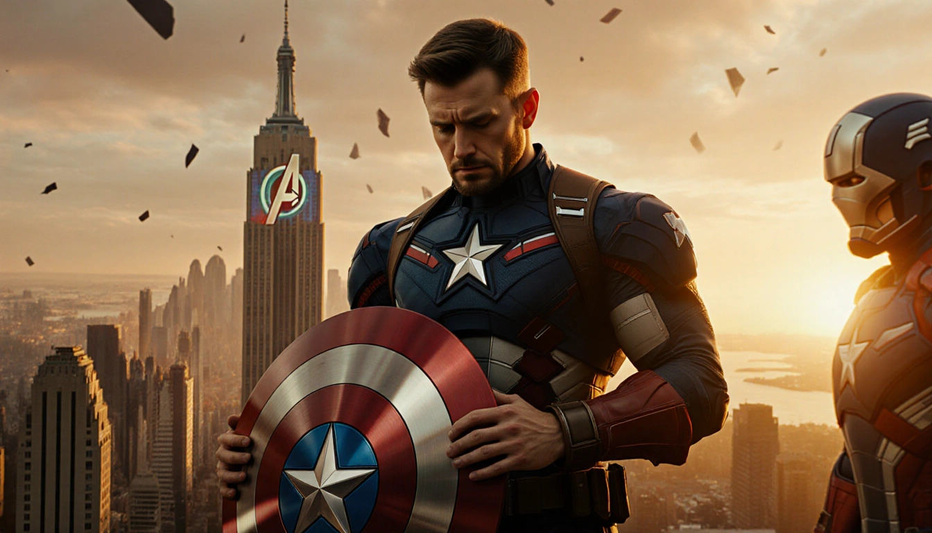 Chris Evans gazes downward with hands on shield emblem and sunset skyline showing Avengers logo