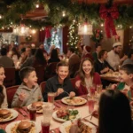 Family sharing a festive Christmas dinner with twinkling lights and lush greenery around the table