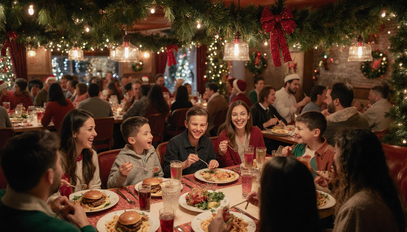 Family sharing a festive Christmas dinner with twinkling lights and lush greenery around the table