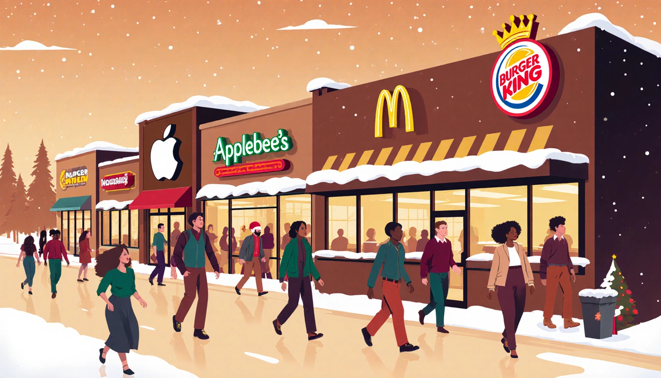 People walk past Christmas-lit fast-food strip with Applebee's sign and Burger King crown and McDonald's arches holiday.