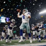 Dak Prescott throwing a touchdown pass with Commanders defenders and teammates cheering under a Christmas sky with confetti