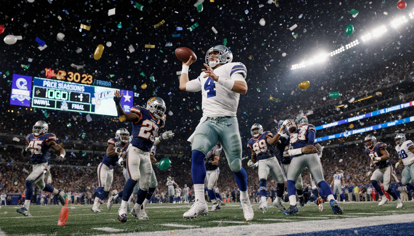 Dak Prescott throwing a touchdown pass with Commanders defenders and teammates cheering under a Christmas sky with confetti