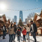 Families laughing around a Christmas market display in Dallas with wooden stalls and twinkling lights and falling snowflakes