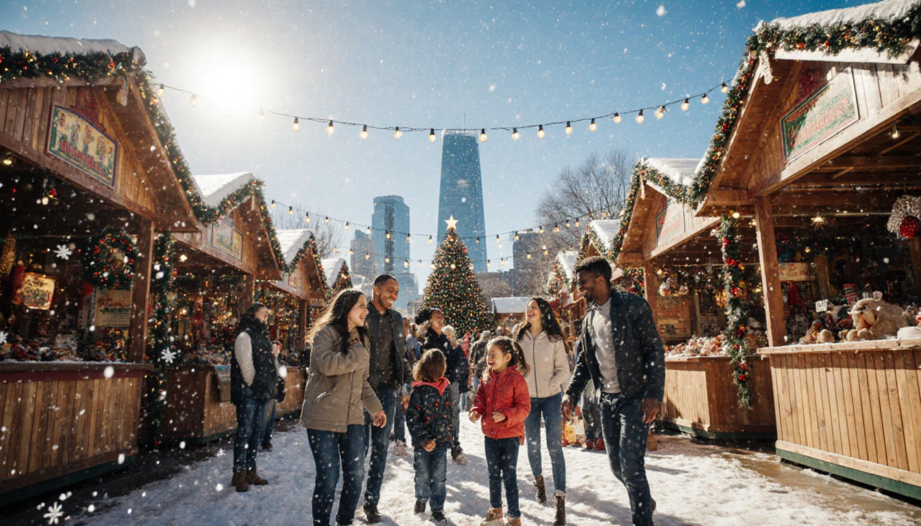 Families laughing around a Christmas market display in Dallas with wooden stalls and twinkling lights and falling snowflakes