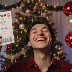 Jubilant winner raises hands in triumph with a glowing Powerball ticket showing $1.8 billion jackpot beside a Christmas tree