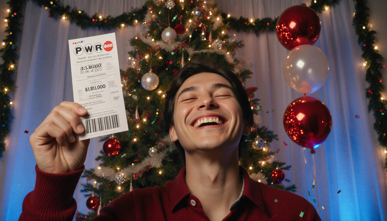 Jubilant winner raises hands in triumph with a glowing Powerball ticket showing $1.8 billion jackpot beside a Christmas tree