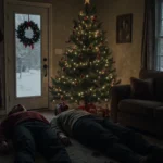 Four bodies lie around a Christmas tree with flickering lights reflecting on tear-stained faces in a dimly lit living room