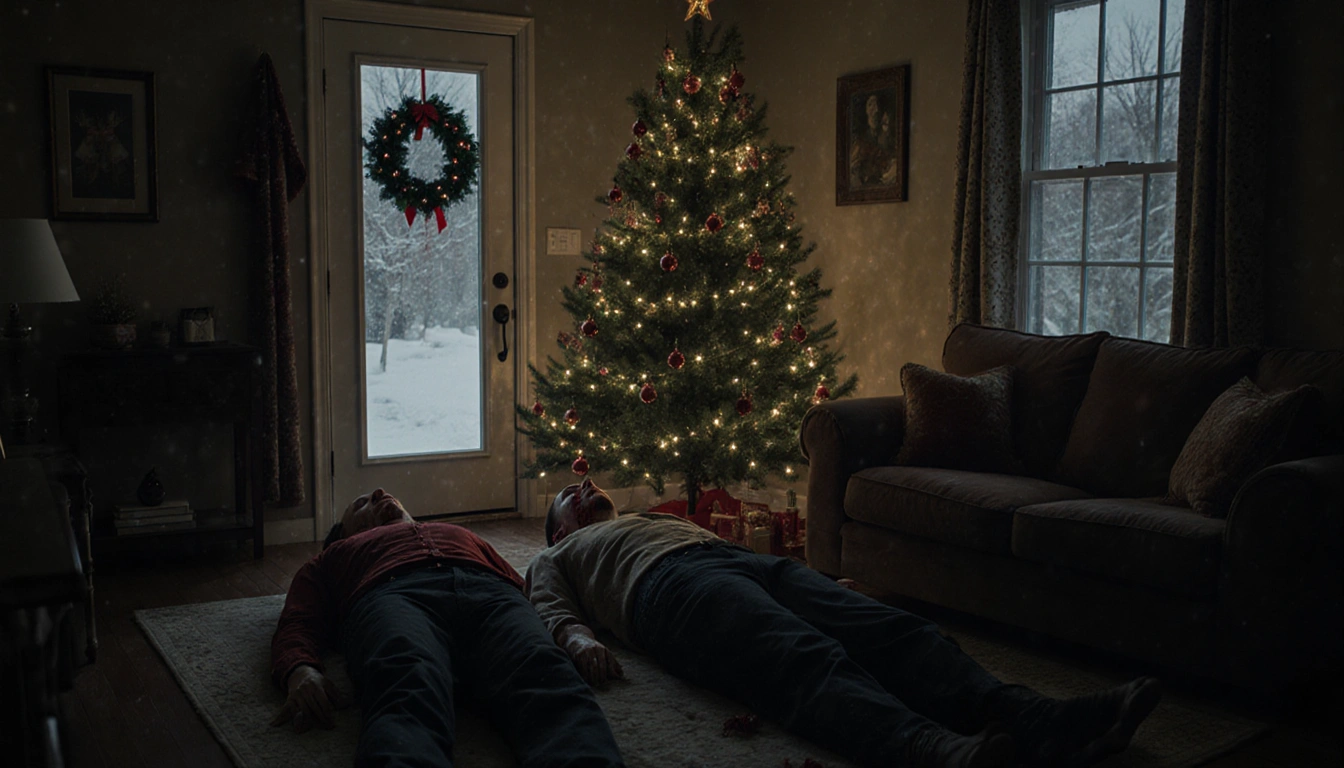 Four bodies lie around a Christmas tree with flickering lights reflecting on tear-stained faces in a dimly lit living room