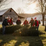 Volunteers handing out Christmas trees with sunlit branches and a rustic barn in background