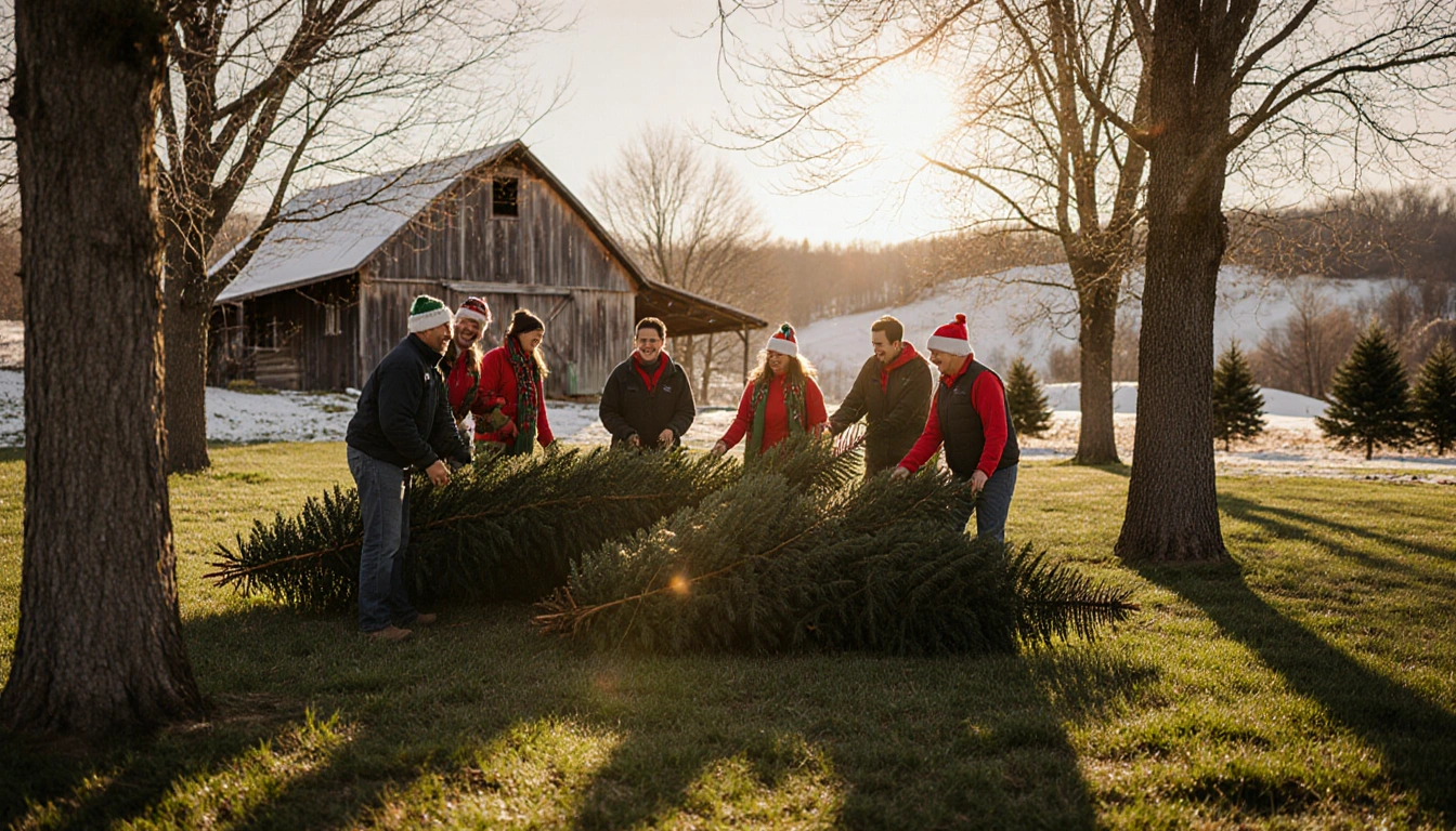 Volunteers handing out Christmas trees with sunlit branches and a rustic barn in background