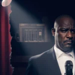 Chuck Redd a jazz musician stands with microphone under flickering spotlight with look Kennedy Center facade in torn curtain