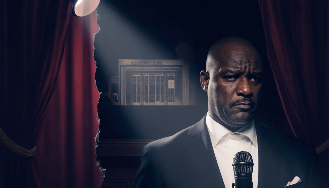 Chuck Redd a jazz musician stands with microphone under flickering spotlight with look Kennedy Center facade in torn curtain