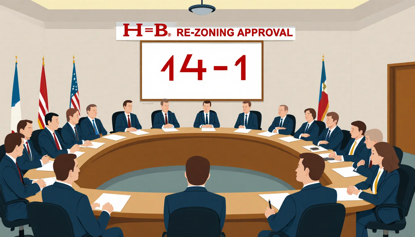 Council members debating around a table with dissenting member crossed arm and board showing 14-1 near HEB re‑zoning banner