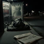 Figure huddles in sleeping bag with abandoned shopping carts and crumpled newspaper near a bus stop