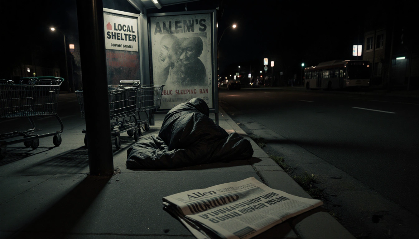 Figure huddles in sleeping bag with abandoned shopping carts and crumpled newspaper near a bus stop