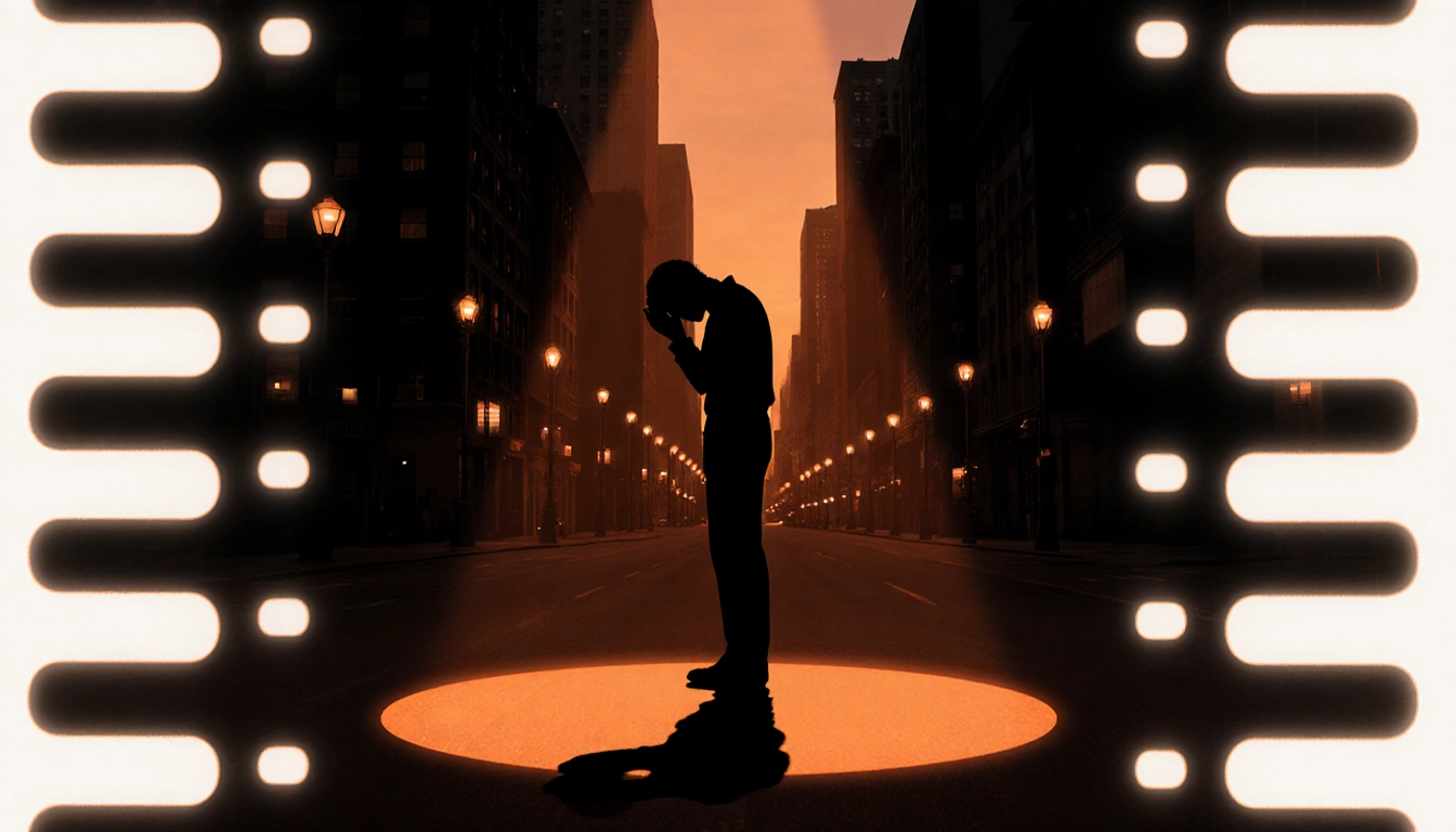 Silhouetted figure holding head in hands with warm streetlight glow and film reel backdrop evoking Hollywood nostalgia