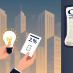 Person holding inflation chart with 2.7% and a light switch amid a blurred cityscape and news headline on a screen