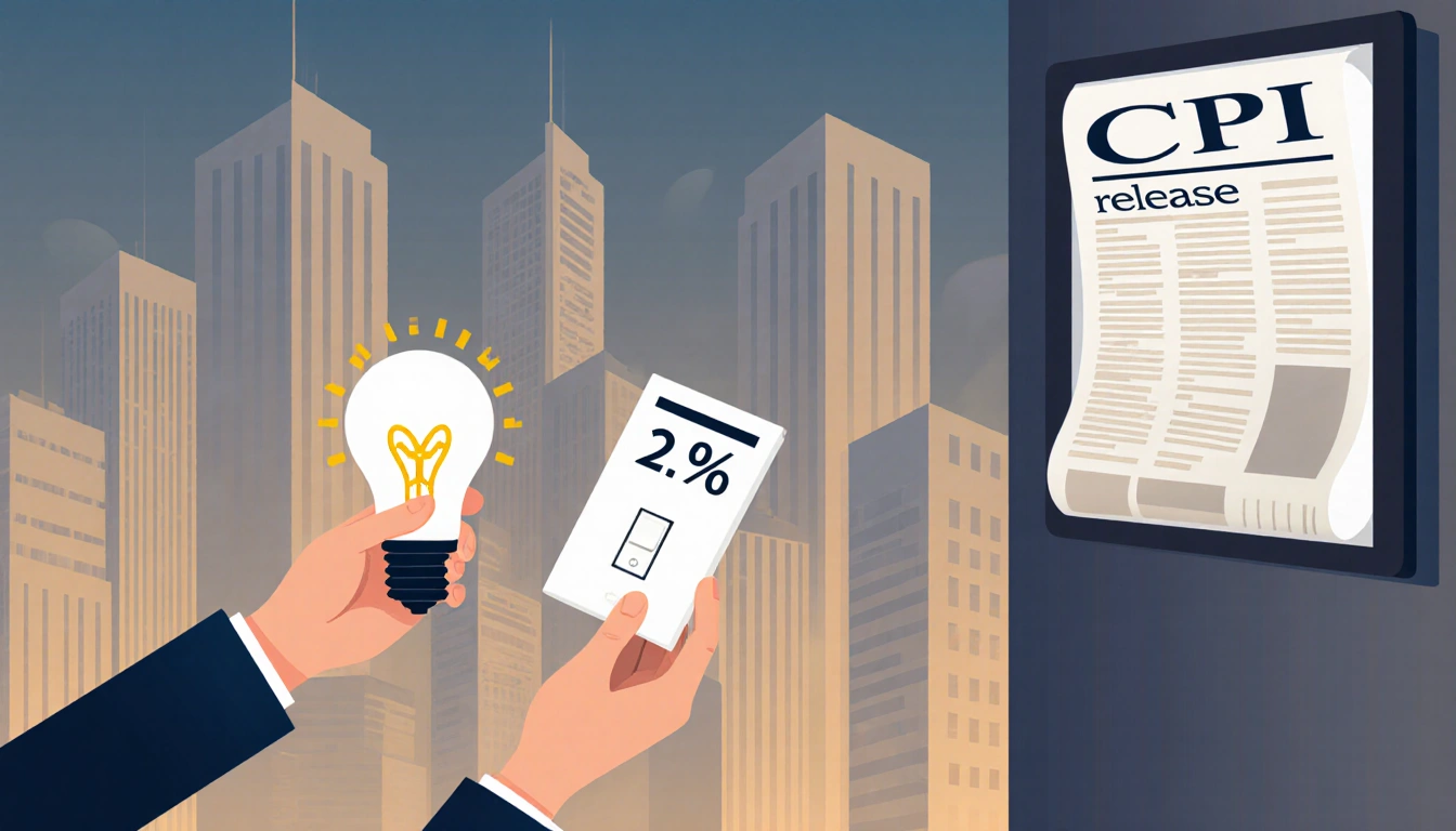 Person holding inflation chart with 2.7% and a light switch amid a blurred cityscape and news headline on a screen