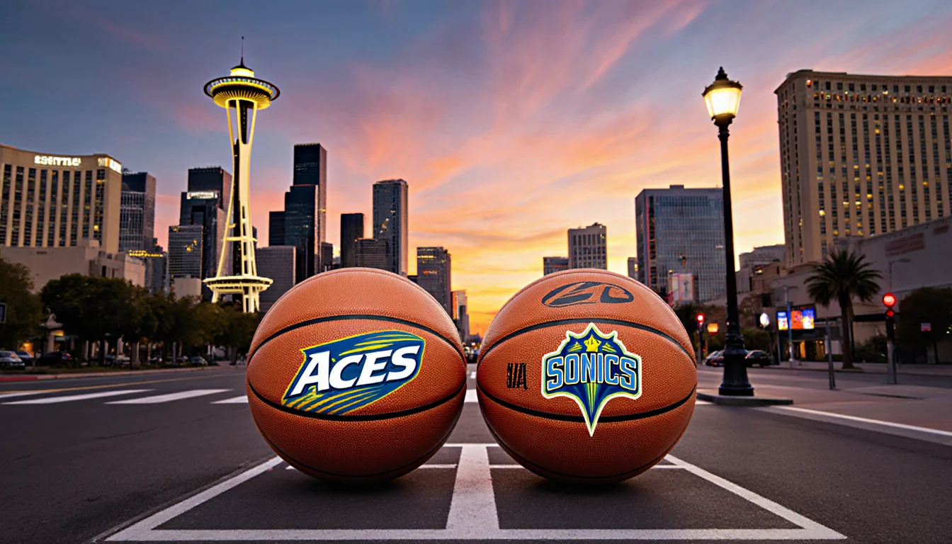Basketballs sit on a street with the Space Needle and Las Vegas Strip WNBA Aces and SuperSonics logos hinting at NBA.