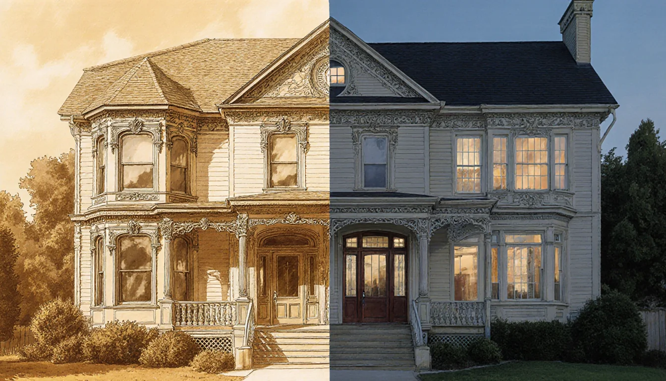 Split-screen comparison showing classic home facade and modernized facade with warm golden light and harsh clinical lighting