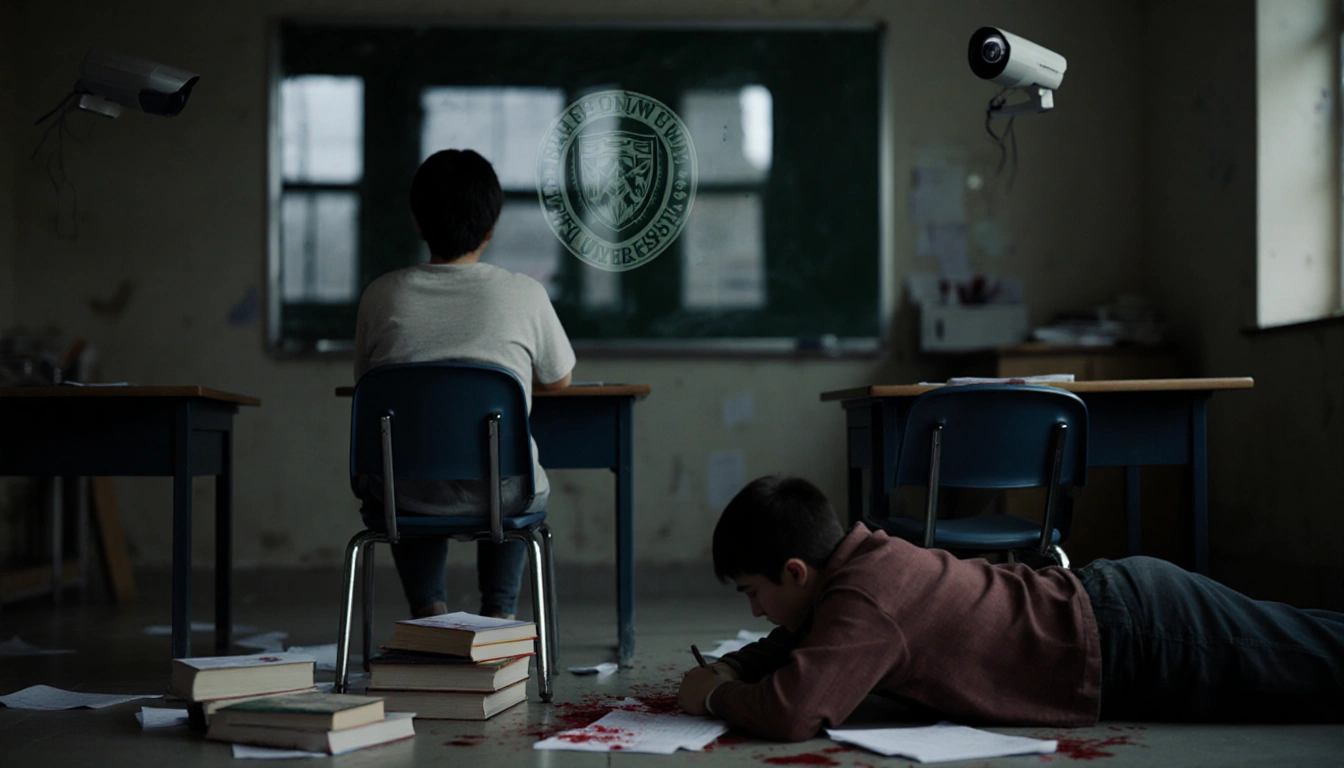 Student sits in dim classroom with a camera; a student lies motionless on the floor with bloodstains showing vulnerability