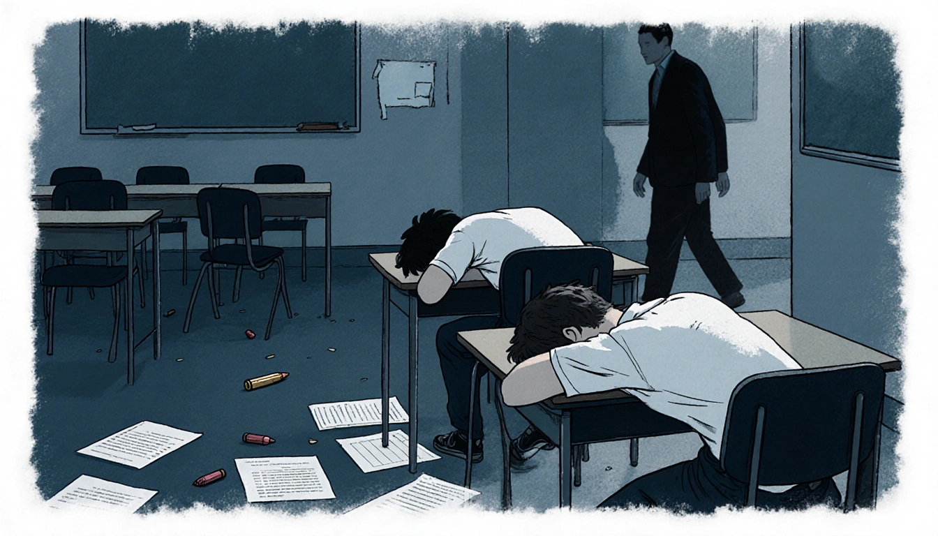 Two students slumped over desks with scattered exam papers and a bullet casing on the floor and a blurred figure stepping awa