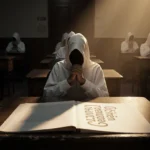 Hooded figure sits with open document showing Clemency Grant and dimly lit wooden desk.