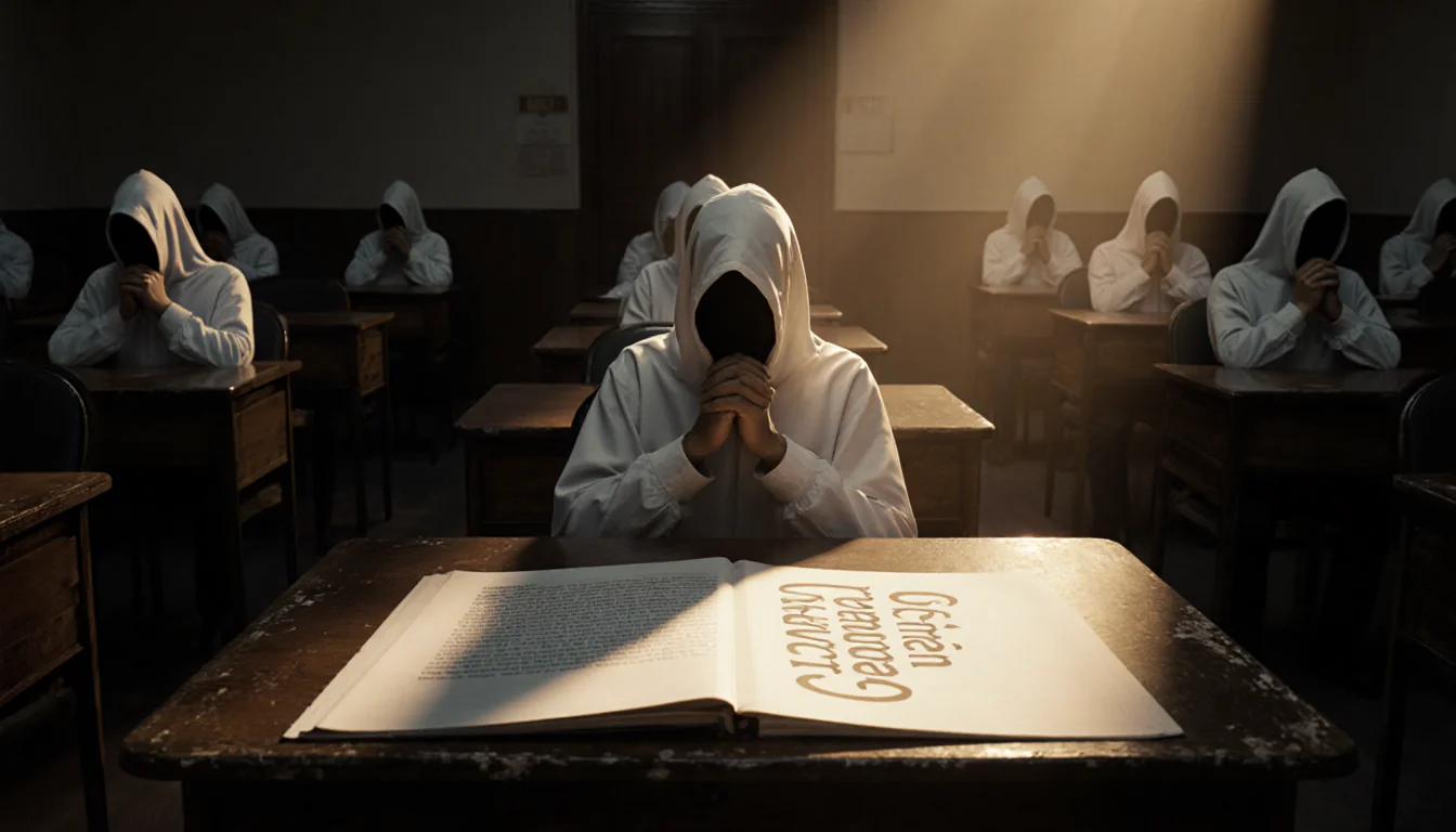Hooded figure sits with open document showing Clemency Grant and dimly lit wooden desk.