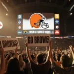 Fans cheering with Go Browns signs while the Cleveland Browns logo lights up the Jumbotron in a bright stadium.