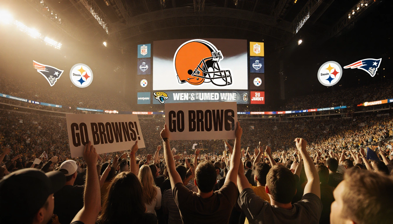 Fans cheering with Go Browns signs while the Cleveland Browns logo lights up the Jumbotron in a bright stadium.