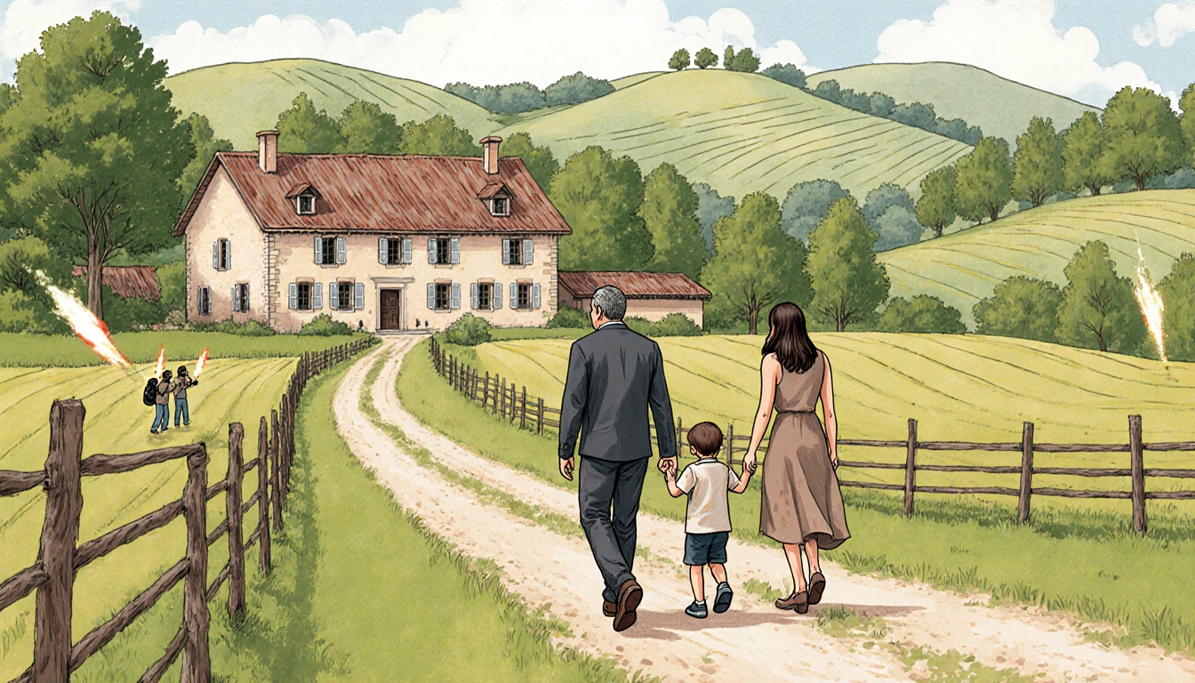 George and Amal Clooney walking toward farmhouse children paparazzi flashes in French countryside