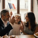 George Clooney holding a French flag with Amal playing with Ella