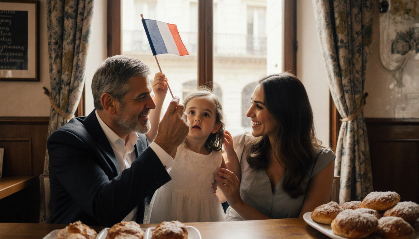 George Clooney holding a French flag with Amal playing with Ella
