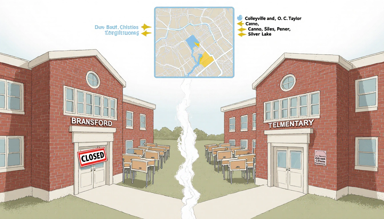 Closed signs hang from doors of Bransford and Dove Elementary with empty classrooms and a faint consolidation map outline beh