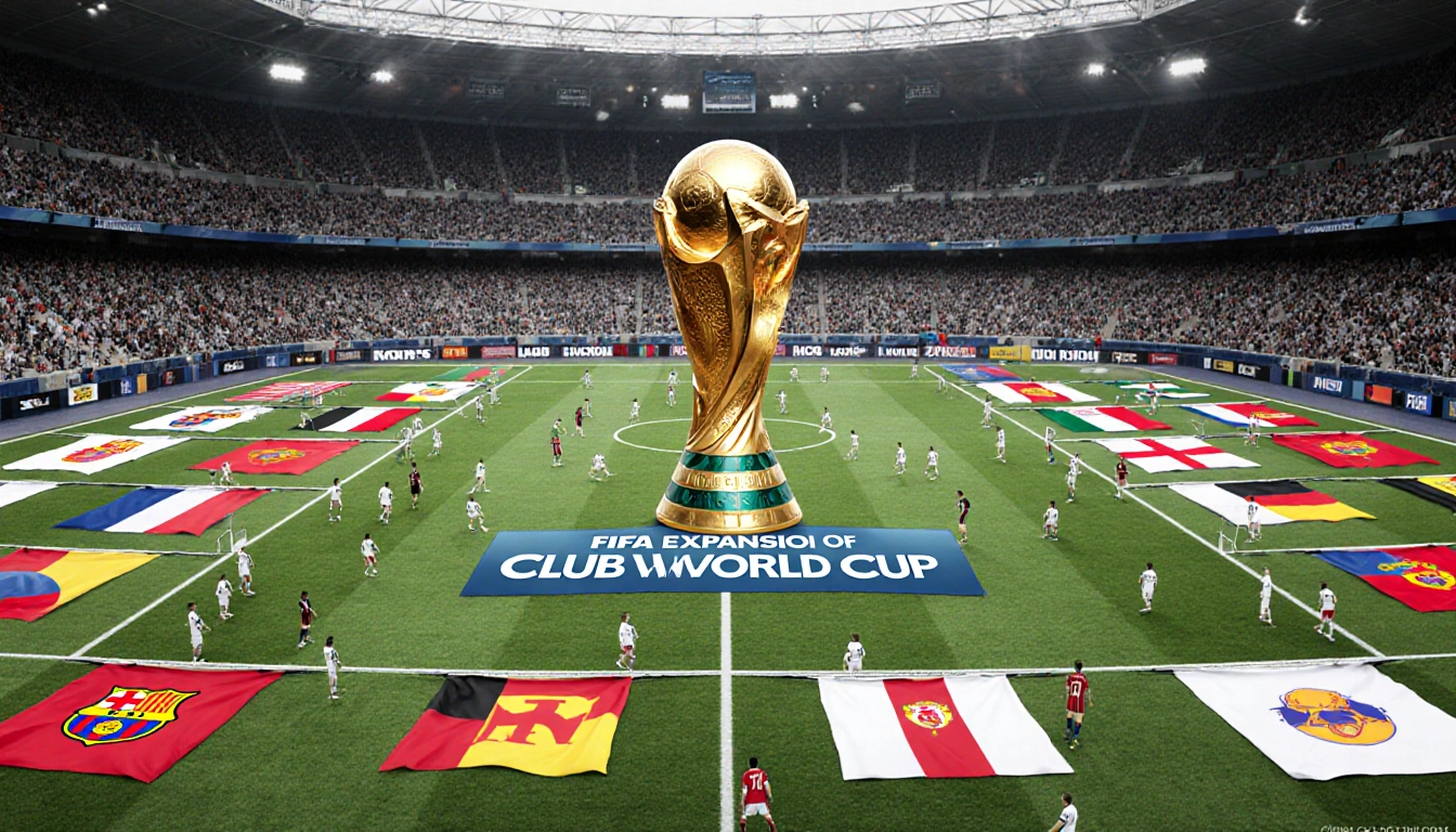 A giant FIFA trophy stands on the field with flags of 32 teams fluttering and crowds in the packed but sparse stadium.