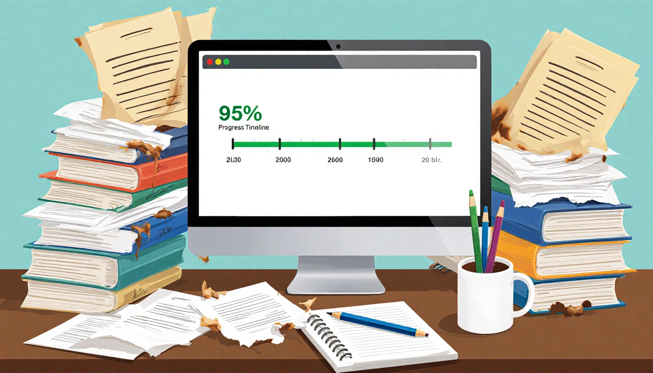 Computer monitor shows 95% progress bar with cluttered desk and coffee cup and torn papers