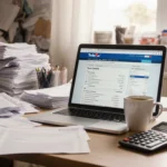 Home office desk busy with a laptop open to TurboTax and a cup of coffee amid receipts and tax season.